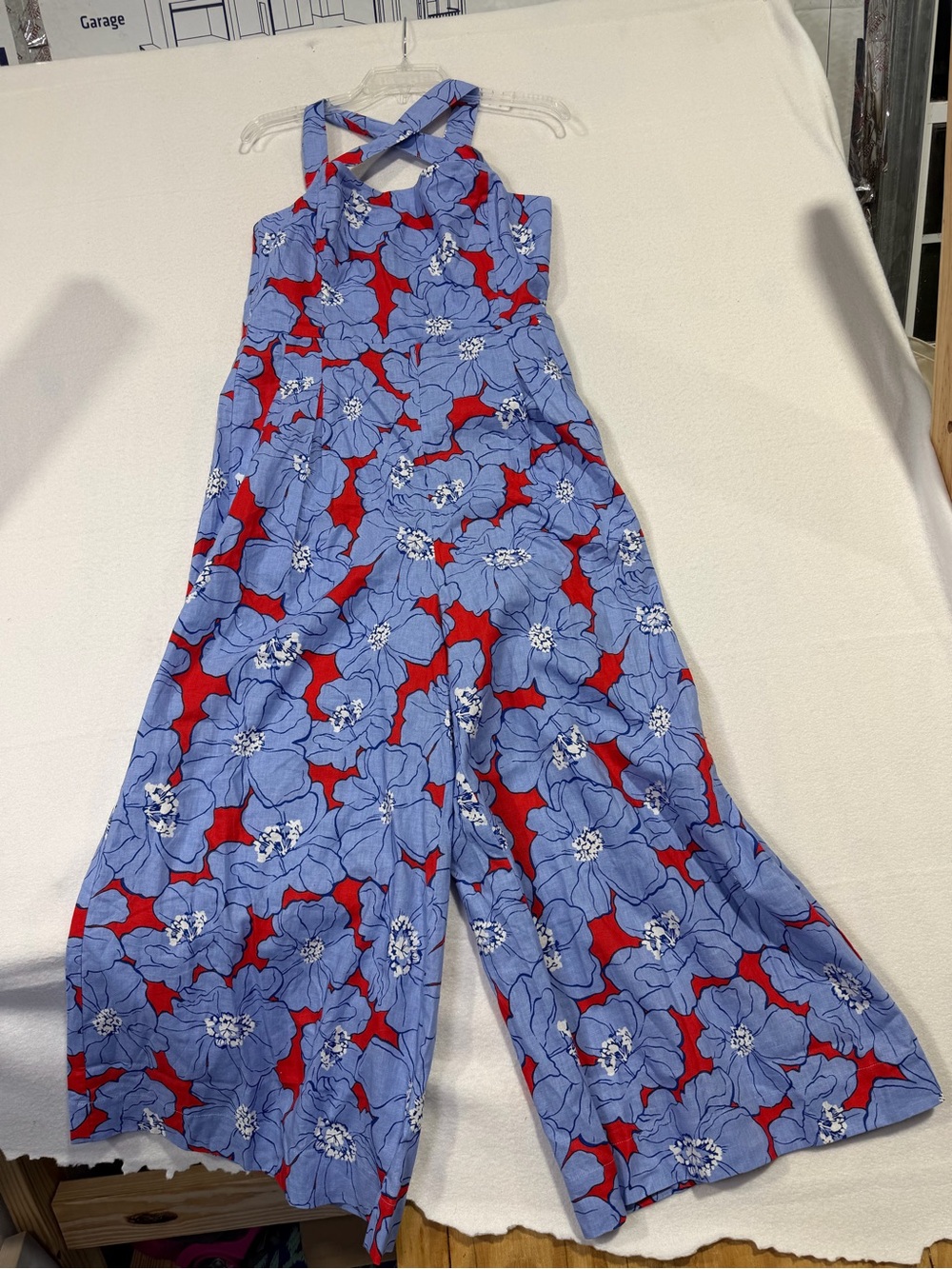 Draper James Kendall Jumpsuit M Blue Red Floral Linen Cotton Wide Leg NWT $178